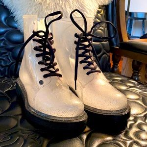 G-Six Workshop Clear/Silver Glitter Rubber Combat Boots, size 38 (7.5).